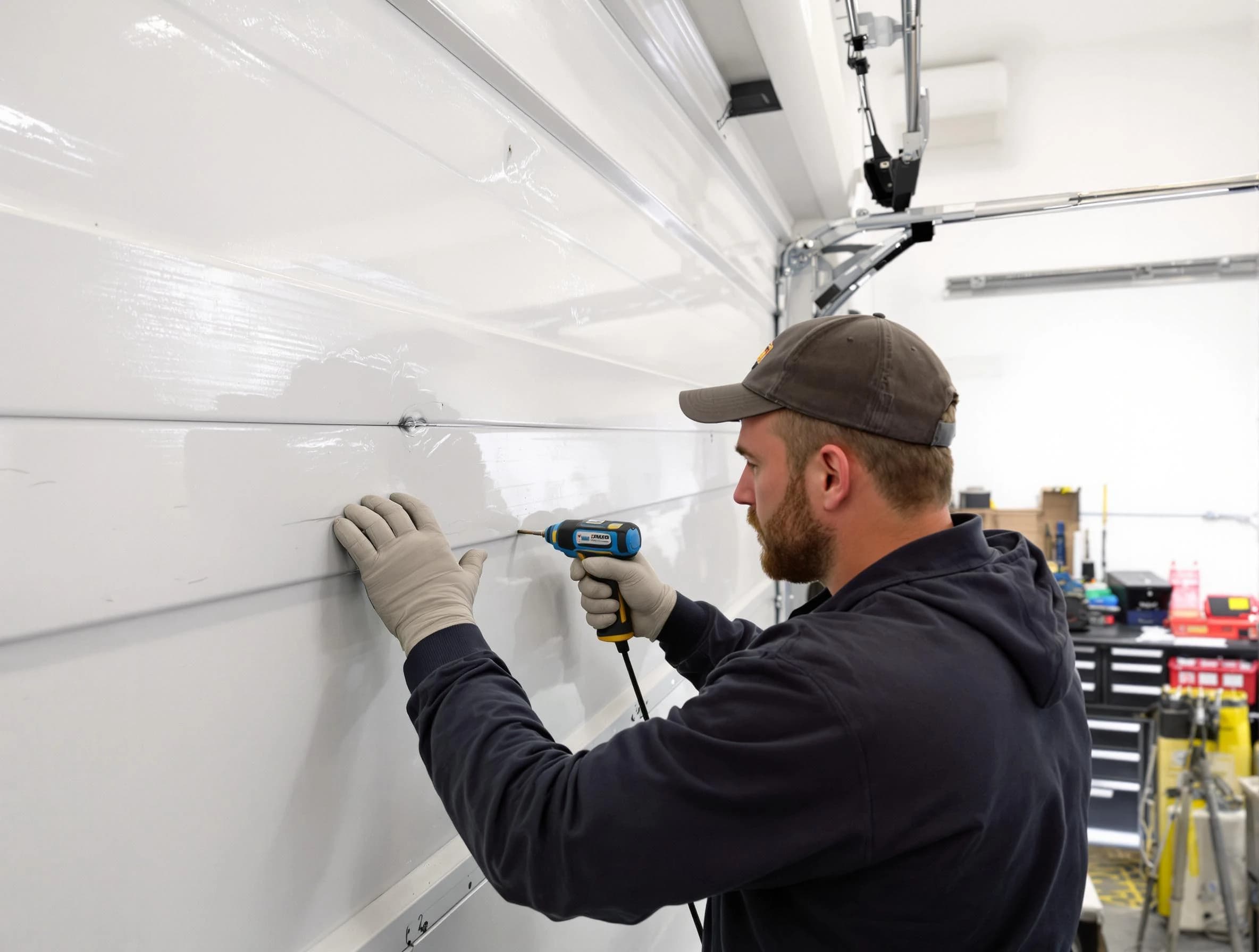 Bedford Garage Door Repair technician demonstrating precision dent removal techniques on a Bedford garage door